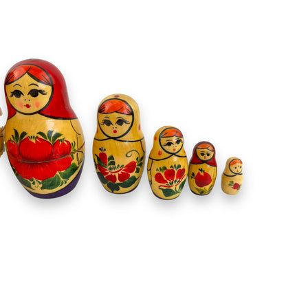 Russian Matryoshka Nesting Dolls Set of 7 - Red and Gold Floral Hand-Painted Design