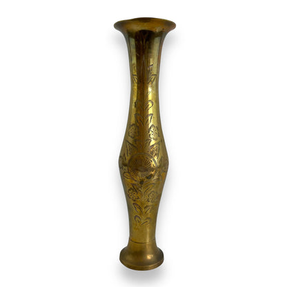 Tall brass vase with etched flower design