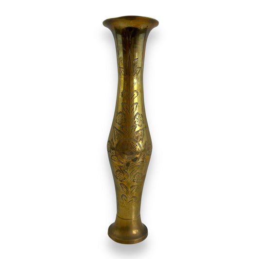 Tall brass vase with etched flower design