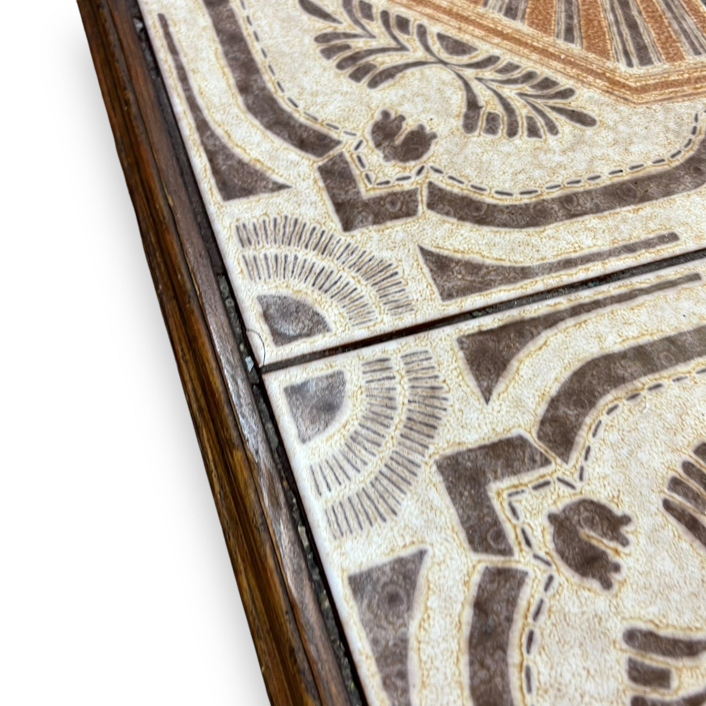 Large tile coffee table orange and brown retro pattern tiles wooden frame