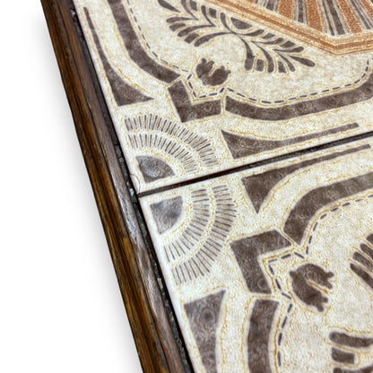 Large tile coffee table orange and brown retro pattern tiles wooden frame