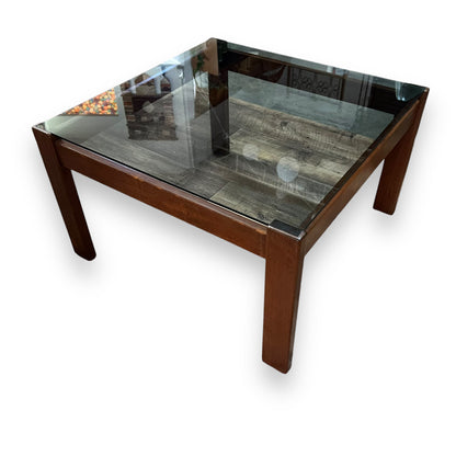 Square wooden frame coffee table with smoky glass top