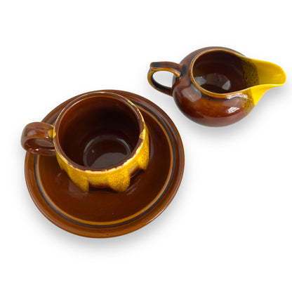 Brown & Yellow Tea Cup, Saucer & cream jug
