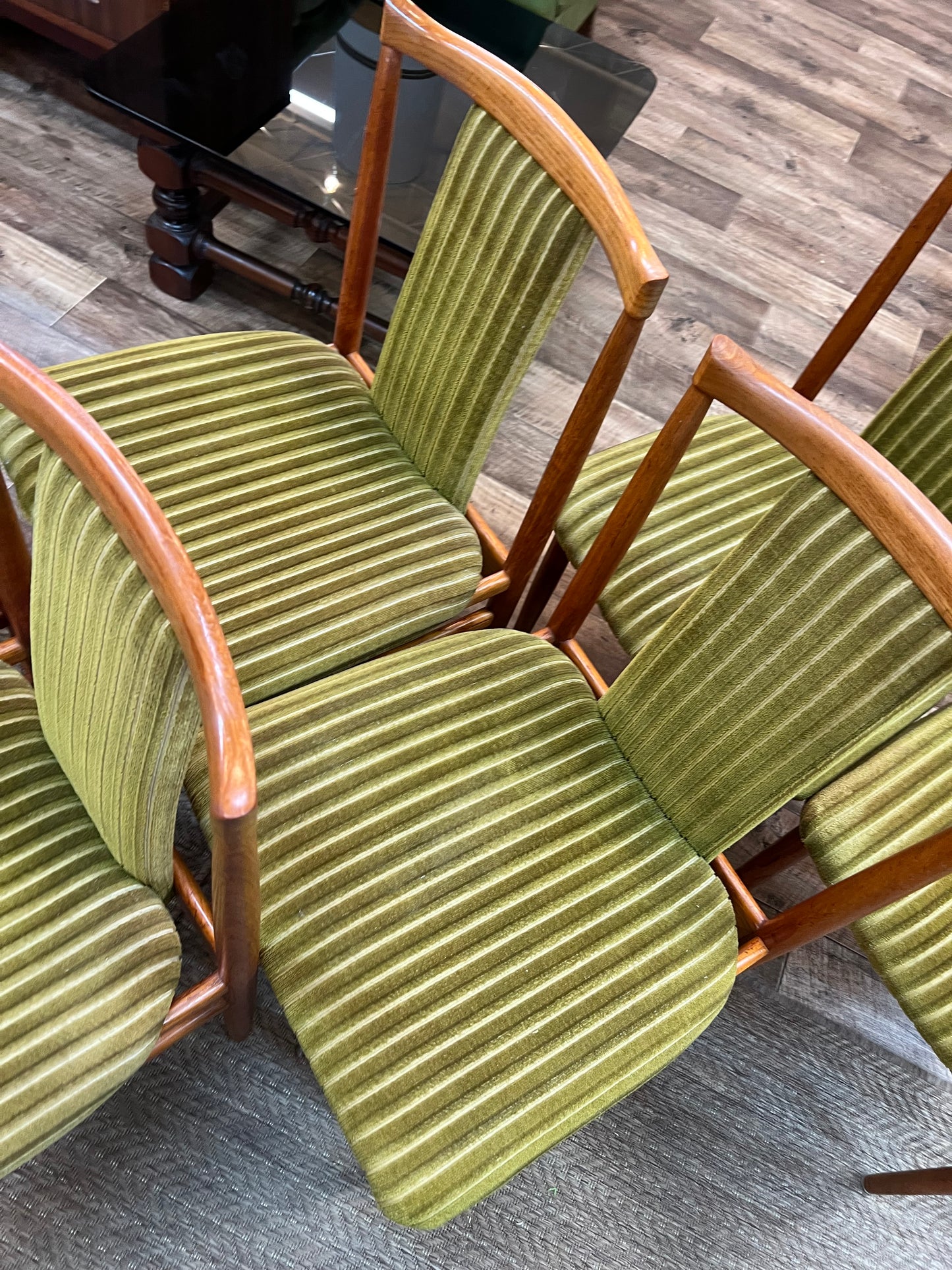 Set of 6 Vintage Burgess Dining Chairs | Mid Century Timber & Green Velvet