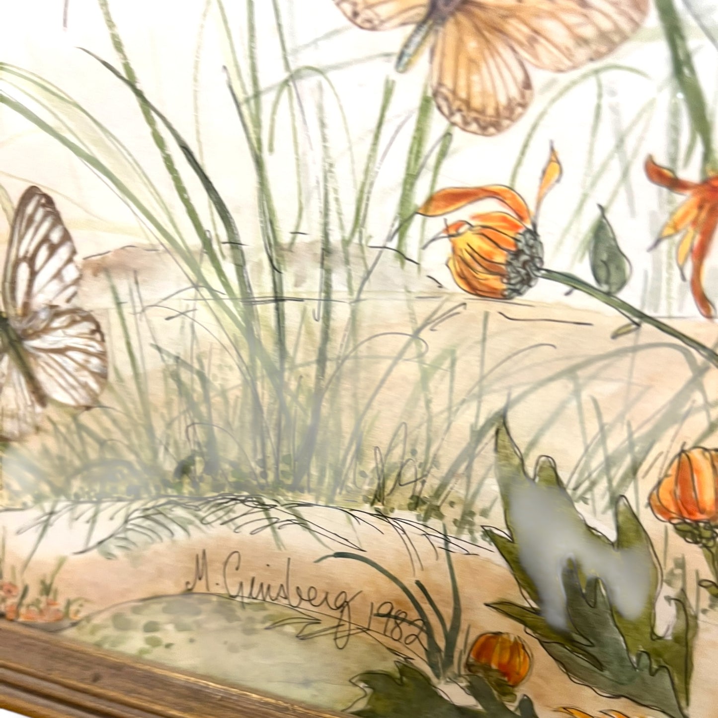 Large Framed Butterfly & Tree Artwork with Real Butterfly Wings — Signed M. Ginsberg, 1982