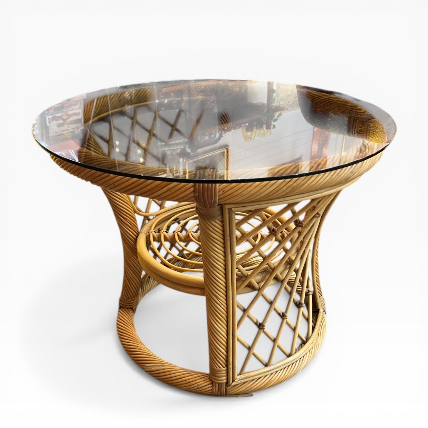 Cane Side Table with Round Glass Top & Sculptural Base