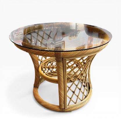 Cane Side Table with Round Glass Top & Sculptural Base