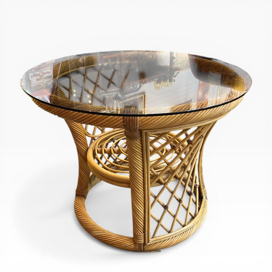 Cane Side Table with Round Glass Top & Sculptural Base