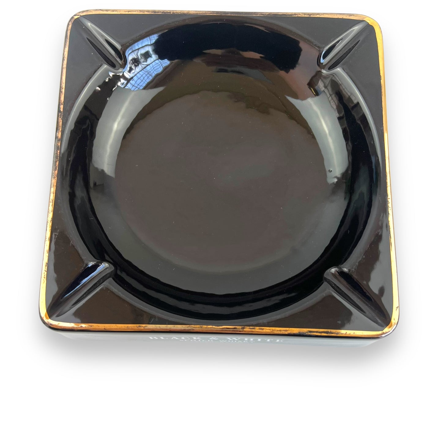 Black and white scotch whiskey branded black ceramic square ashtray