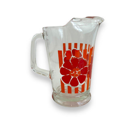 Glass Jug with Orange Stripes & Red Flower Decal – Retro 1970s Pitcher