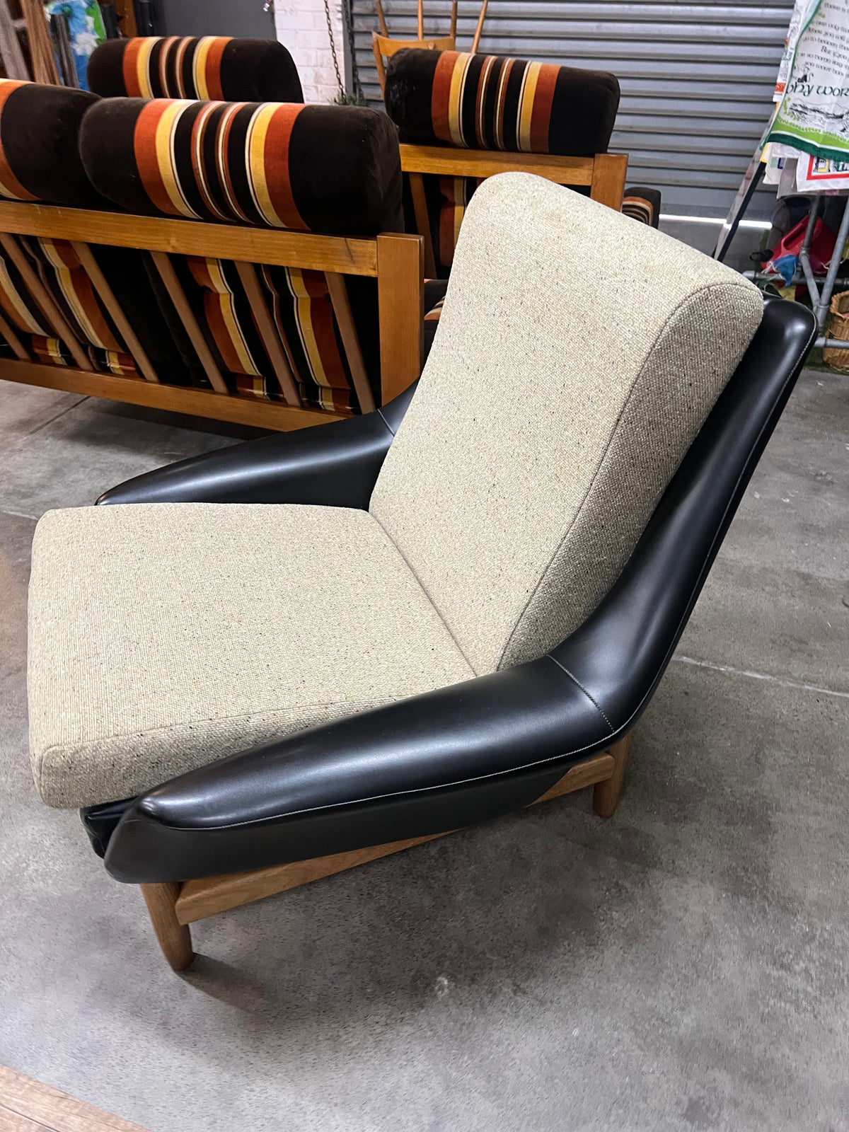 #2 Danish Deluxe Armchair – Black Vinyl & Cream Upholstery
