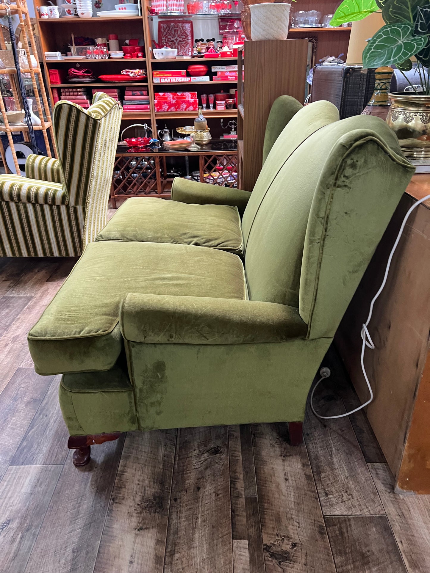 Vintage Olive Green Velvet Wingback Two Seater Lounge