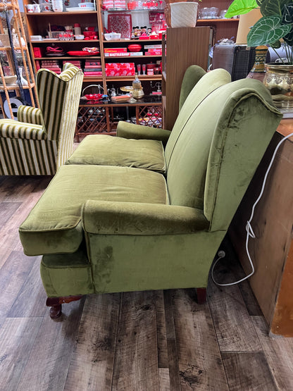 Vintage Olive Green Velvet Wingback Two Seater Lounge