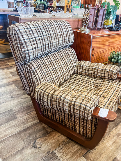 Plaid Lounge Chair with Wooden Armrests