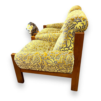 1970s Single Lounge Chair – Bold Gold Floral Velour & Solid Timber Frame