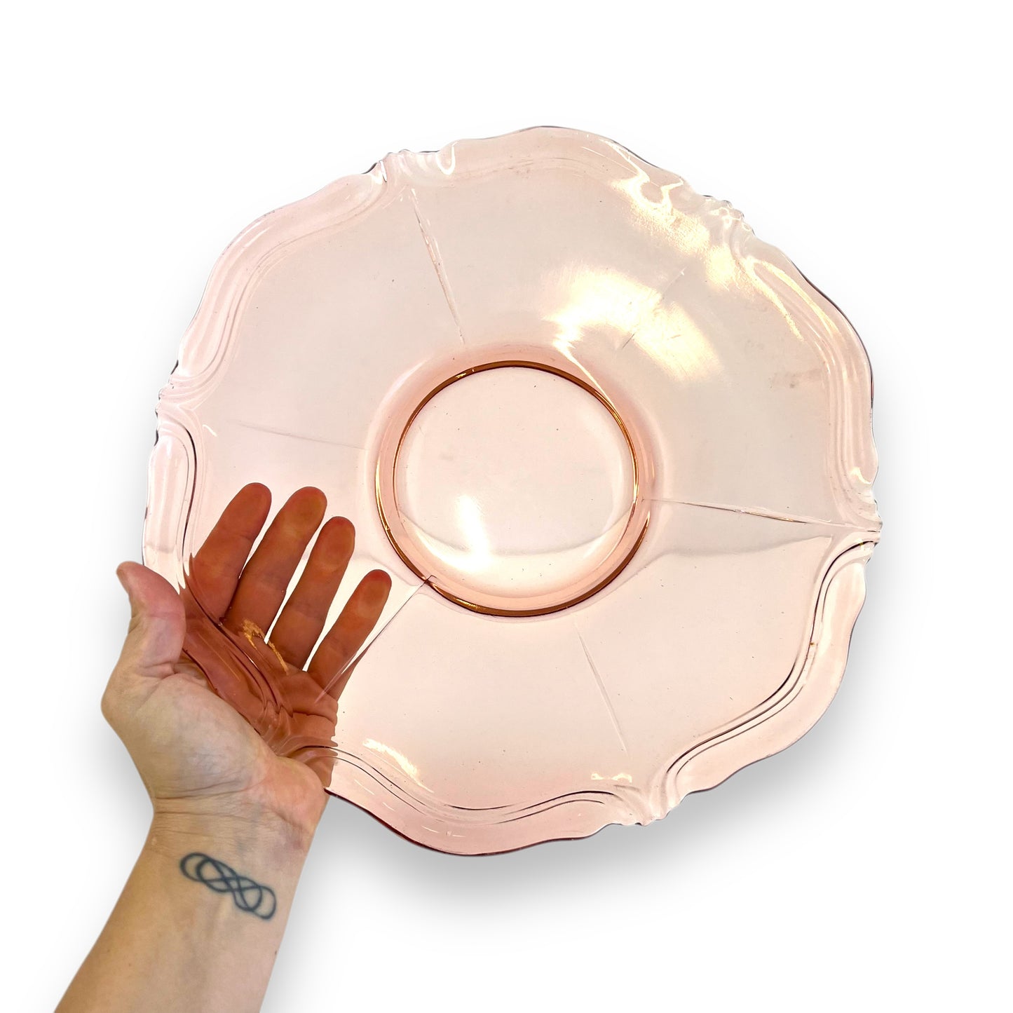 Pink Depression Glass Plate – Elegant Scalloped Edge Serving Platter