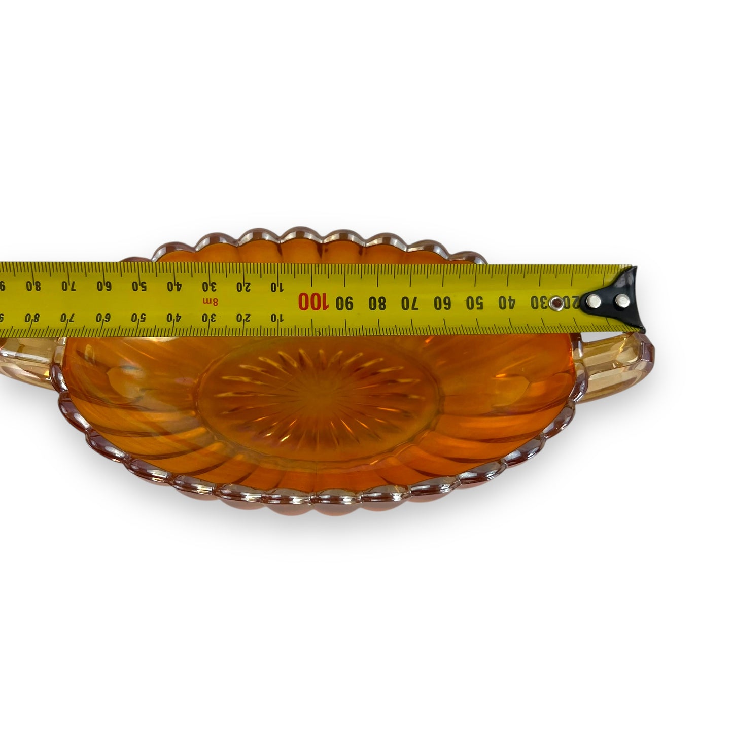 Carnival Glass, twin-handled oval dish in the "Marigold" color