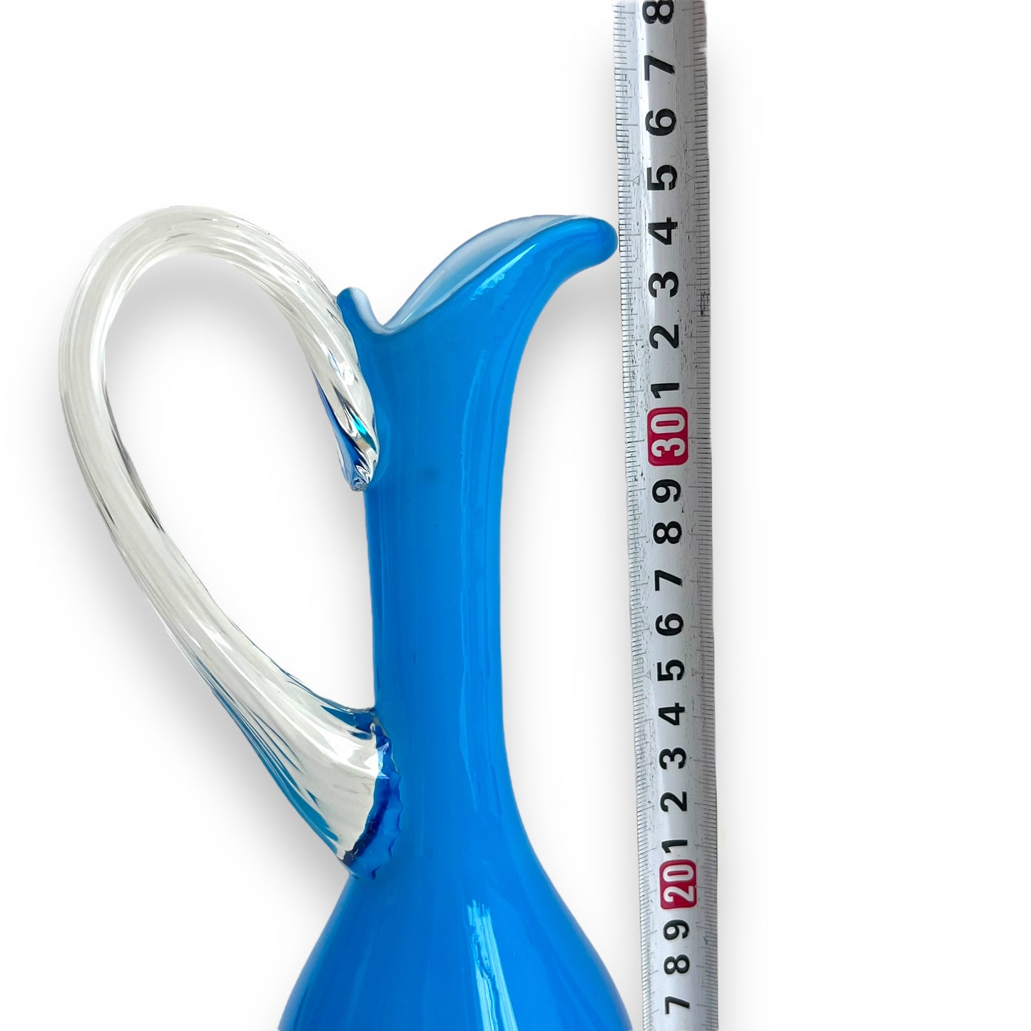 Italian Empoli Blue Cased Glass Pedestal Pitcher with Clear Twisted Handle