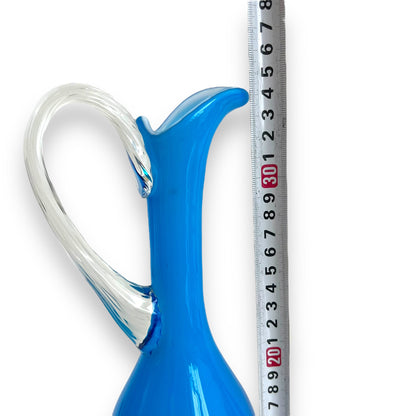 Italian Empoli Blue Cased Glass Pedestal Pitcher with Clear Twisted Handle