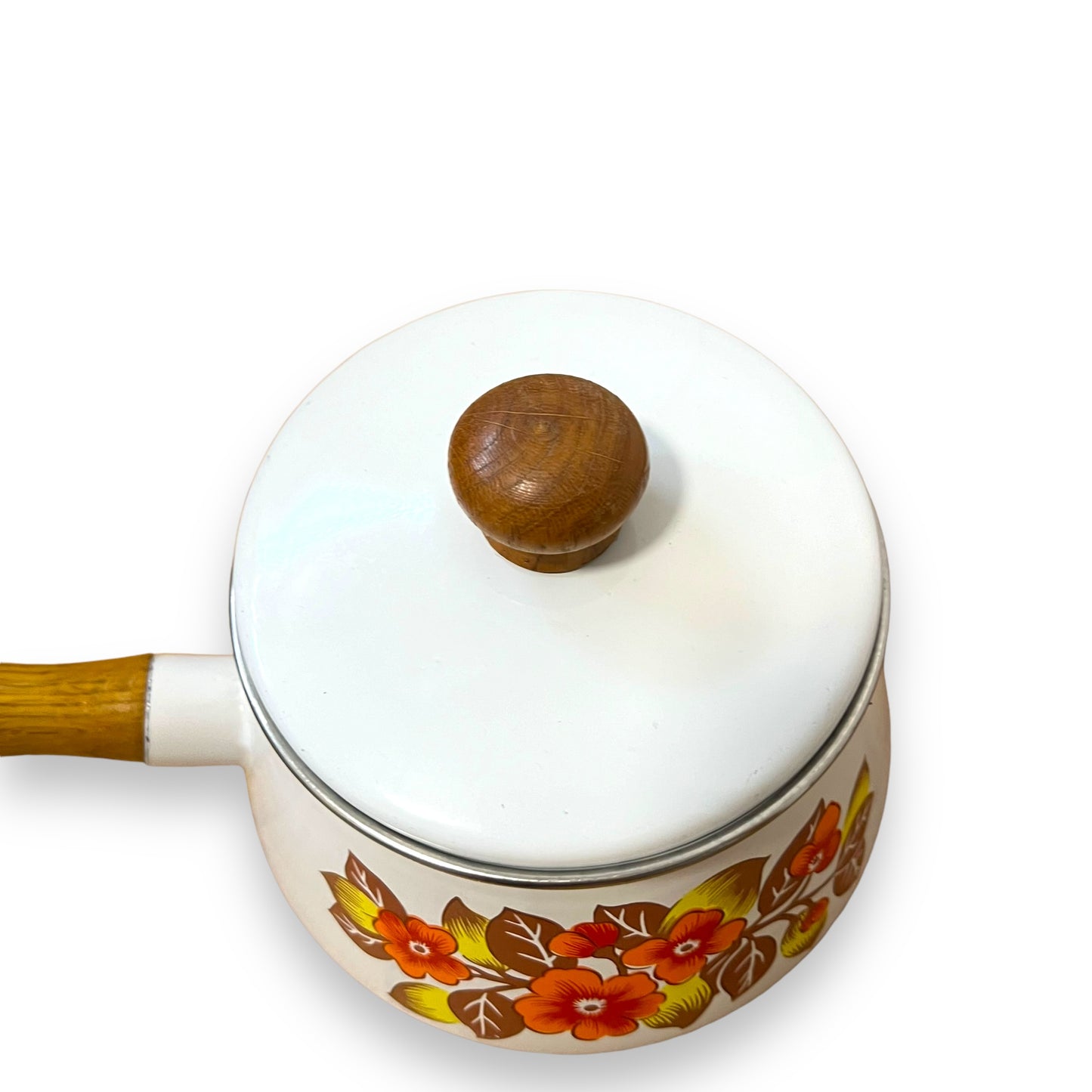 Floral Enamel Fondue Pot with Wooden Handle and Lid