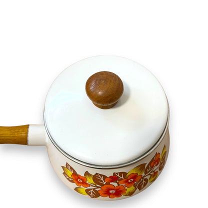 Floral Enamel Fondue Pot with Wooden Handle and Lid