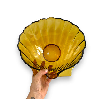 Large Amber Glass Shell Shape Serving Bowl