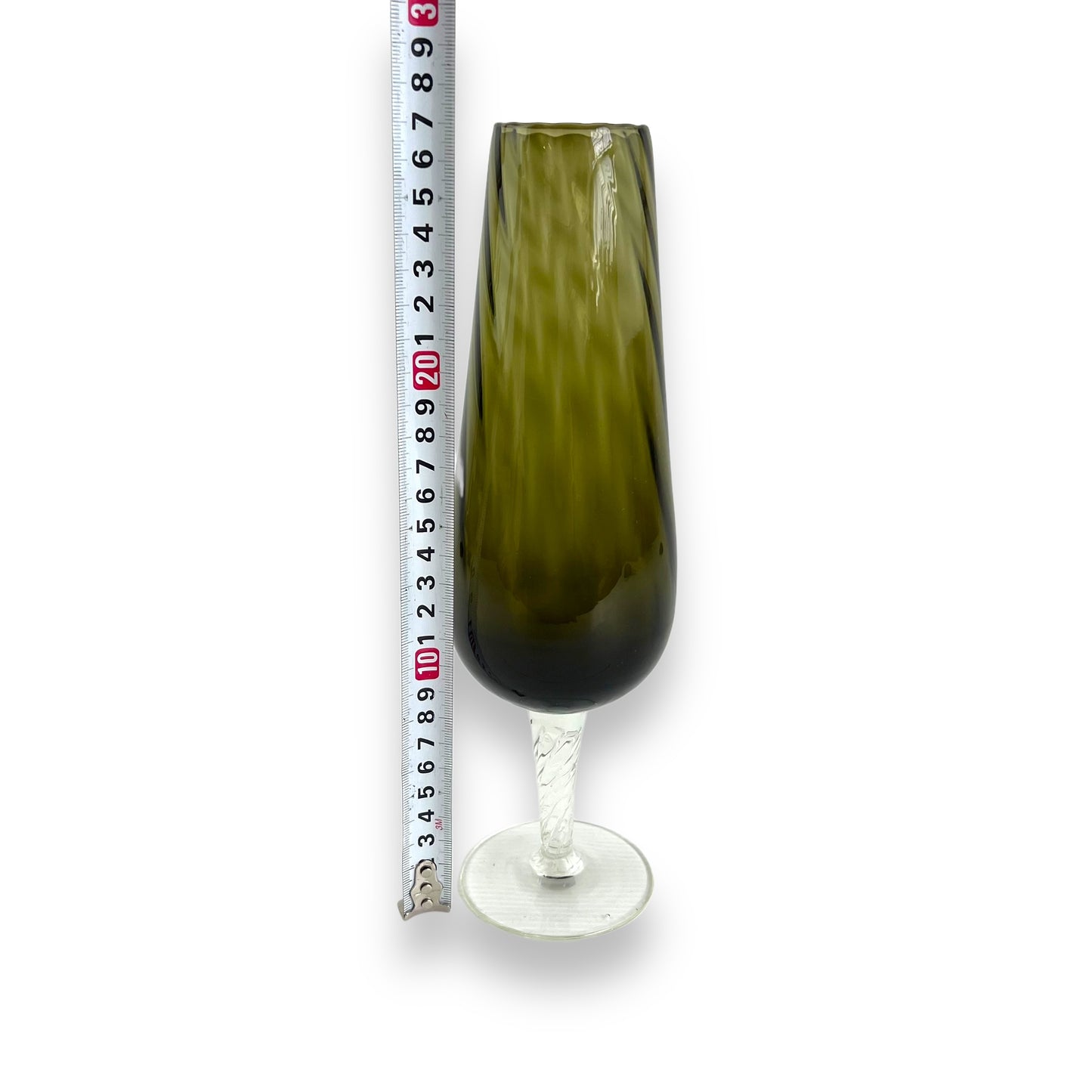Olive green glass vase with clear glass twist stem