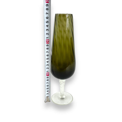 Olive green glass vase with clear glass twist stem
