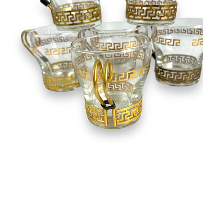 Libbey Greek Key Gold Coffee Mugs With Brass Handles set of 6