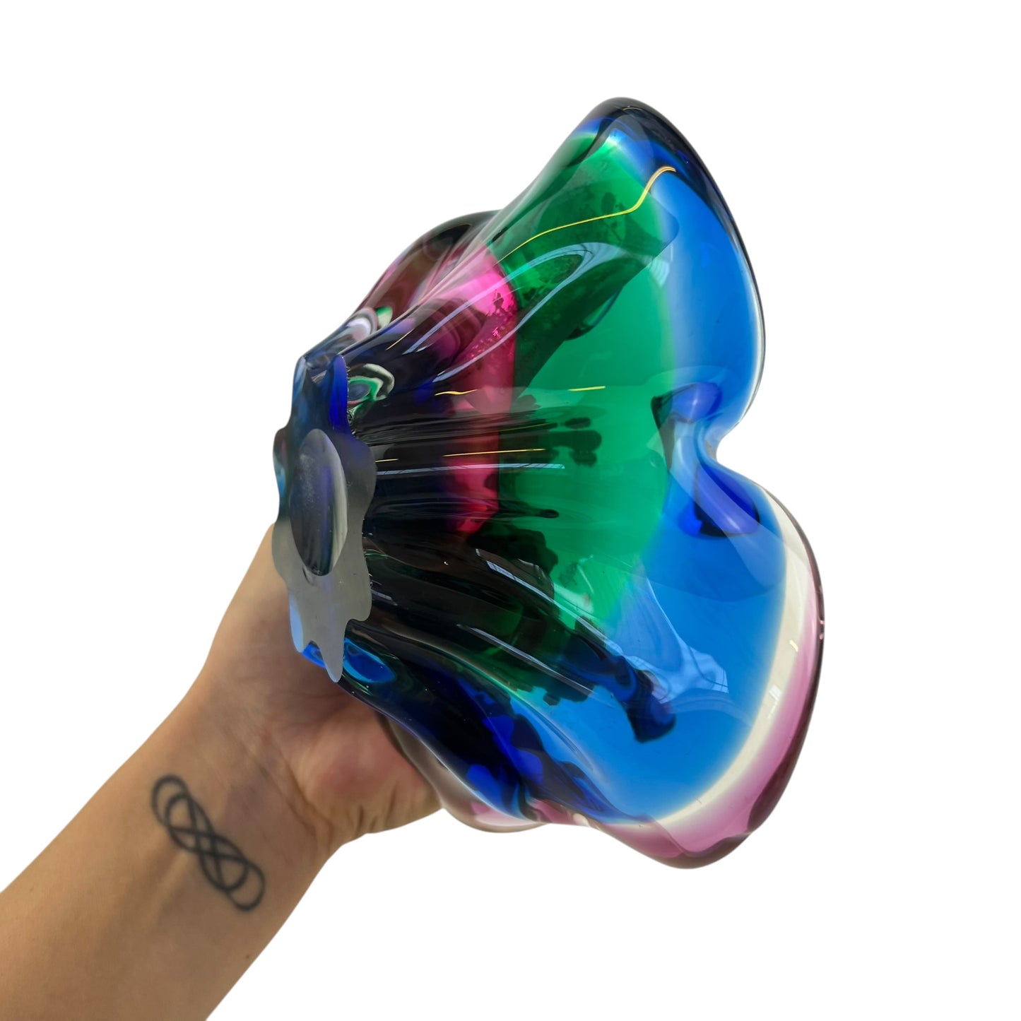 Green,pink & blue art glass dish