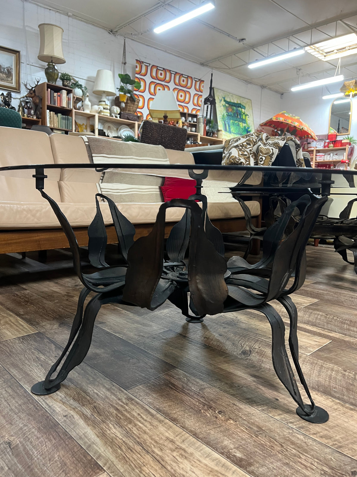 Brutalist Sculptural Metal & Smoked Glass Coffee Table – 91.5cm diameter