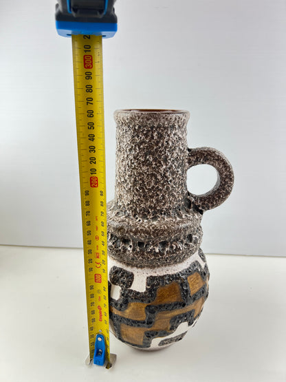 West German Pottery Lava Glaze Handled Vase – Brown, White & Ochre