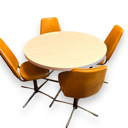 Mustard Swivel Dining Chairs and Round white top Table – 5-Piece Retro Set