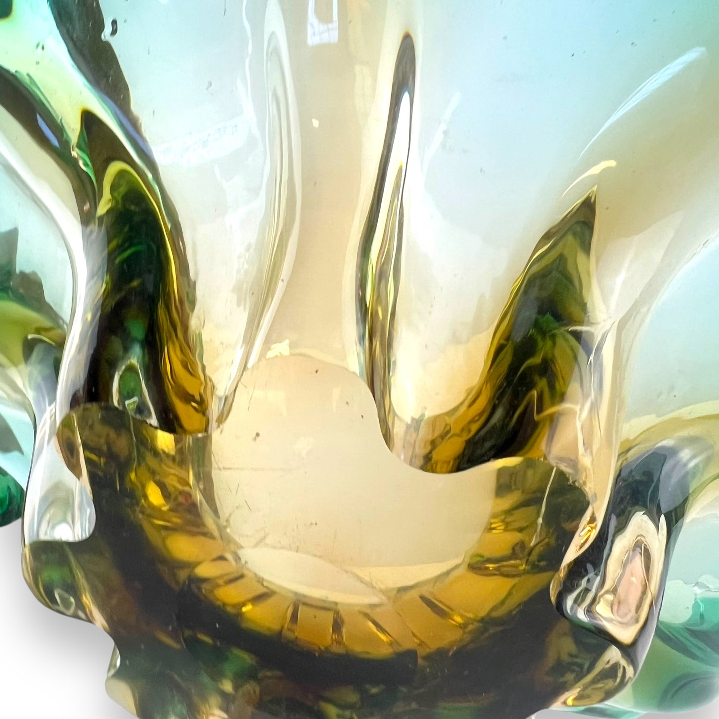 Green and amber yellow large Art Glass bowl