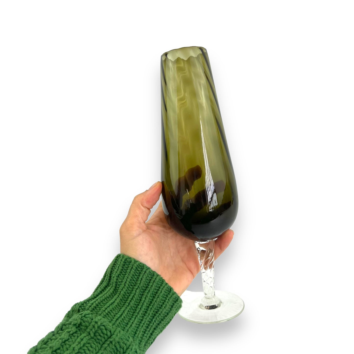 Olive green glass vase with clear glass twist stem