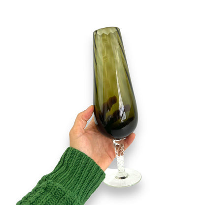 Olive green glass vase with clear glass twist stem