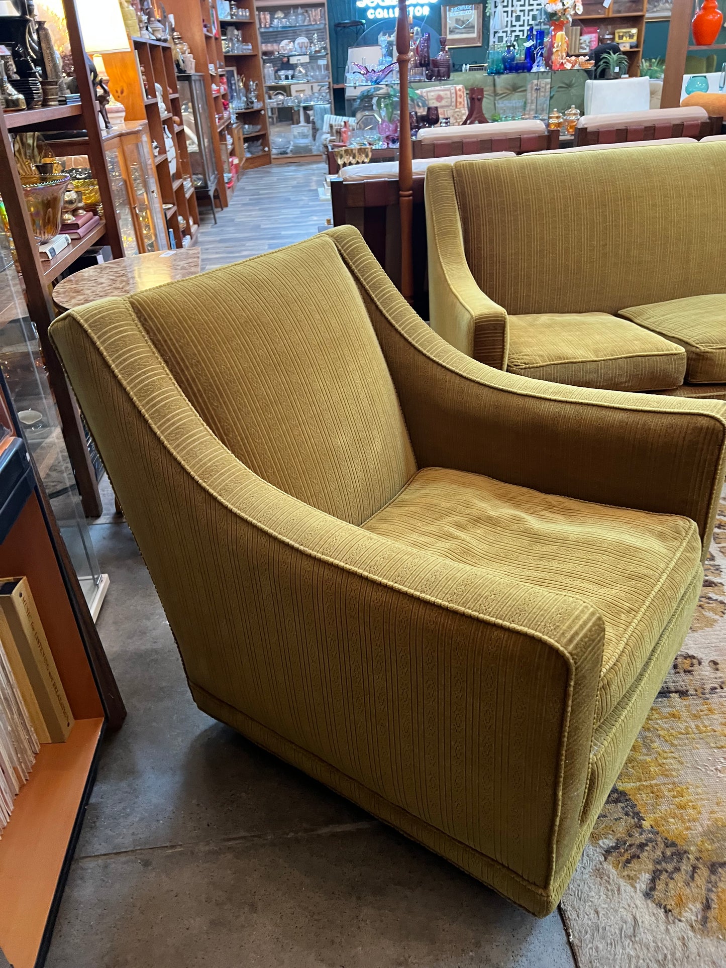 #2 Olive Green Armchair  with stripe patterned upholstery