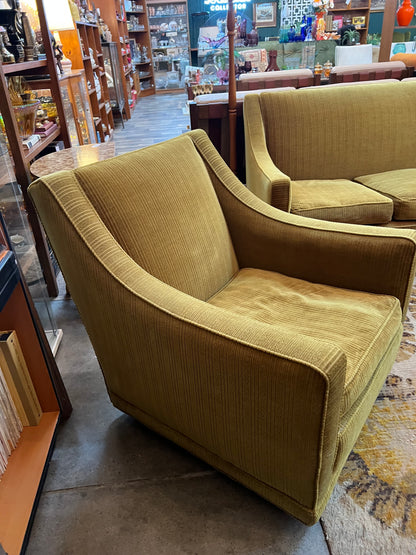 #2 Olive Green Armchair  with stripe patterned upholstery