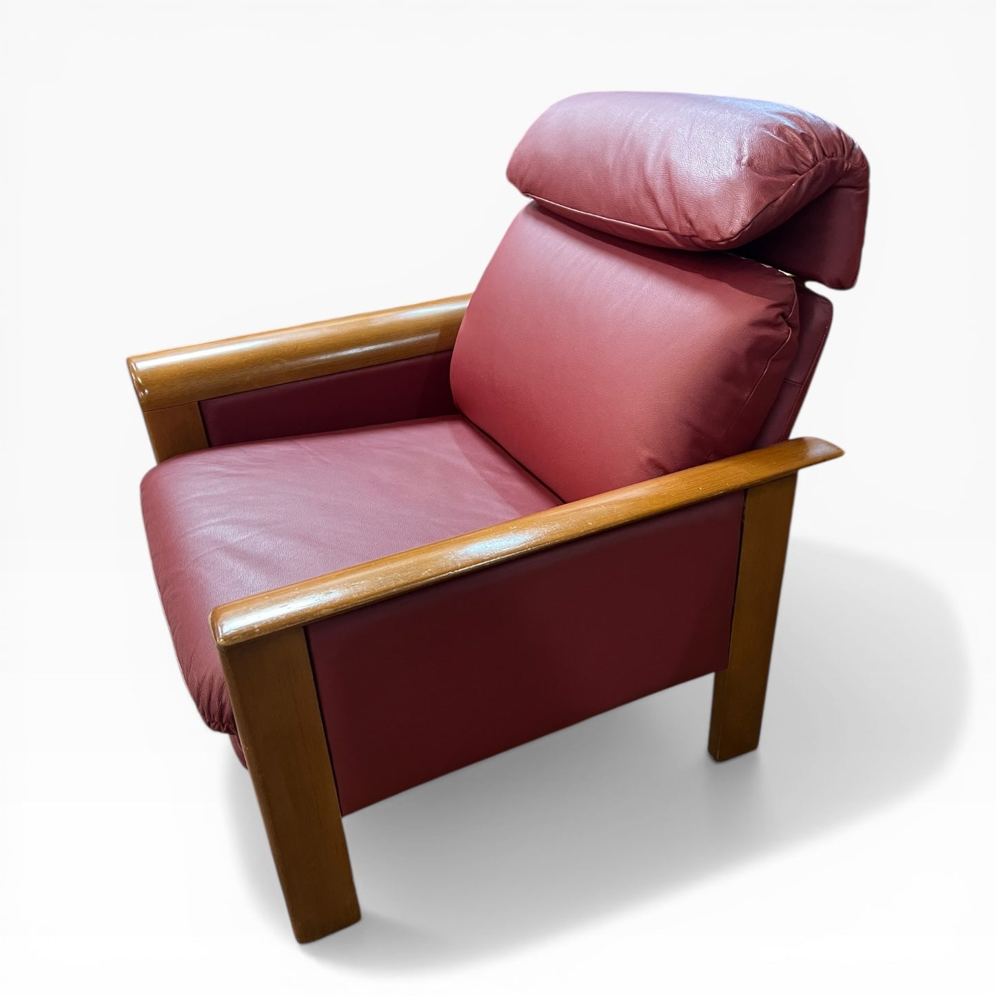 Timber Armchair with Sculpted Curved Armrests & Burgundy Leather Cushions
