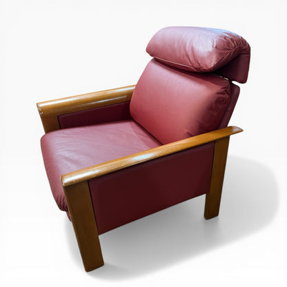 Timber Armchair with Sculpted Curved Armrests & Burgundy Leather Cushions