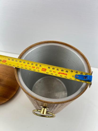 Teak Veneer & Brass Ice Bucket with Ring Handles