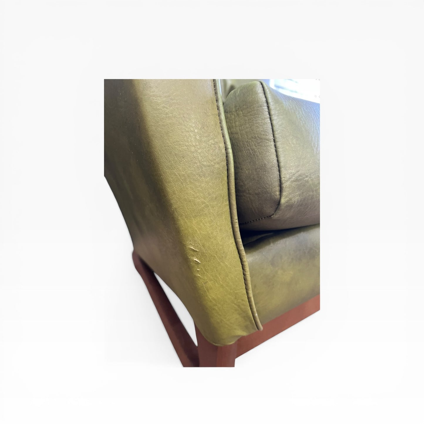 Olive Green Vinyl Lounge Armchair with Timber Sleigh Base