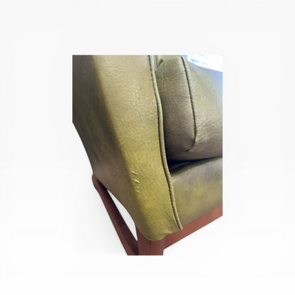 Olive Green Vinyl Lounge Armchair with Timber Sleigh Base