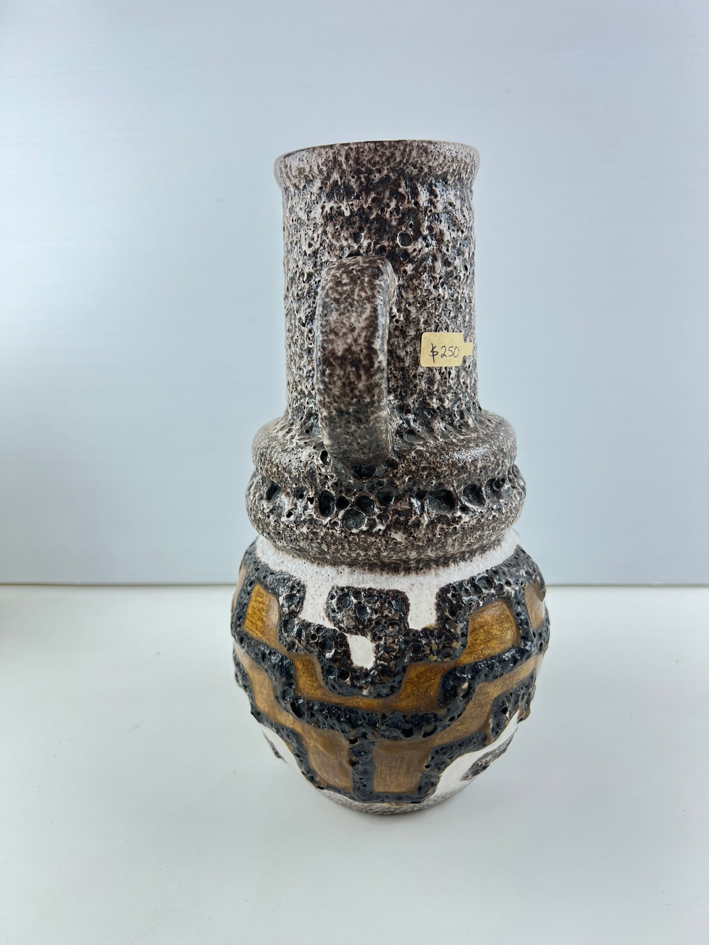 West German Pottery Lava Glaze Handled Vase – Brown, White & Ochre