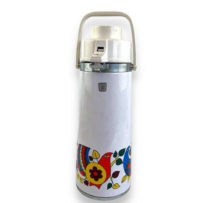 Airpot Thermos – White with Colorful Folk Art Bird Design