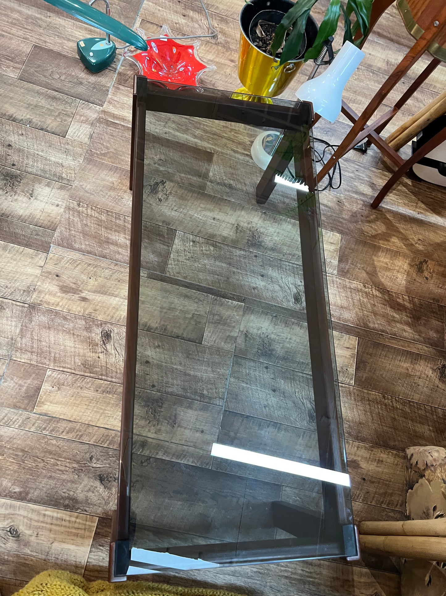Mid-Century Modern Rectangle Smoked Glass Coffee Table with Rich Walnut-Toned Timber Frame