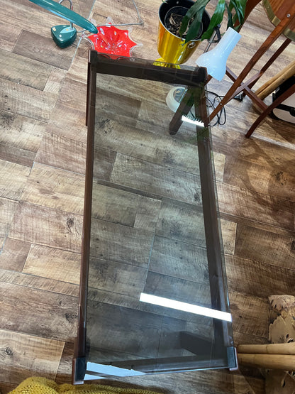 Mid-Century Modern Rectangle Smoked Glass Coffee Table with Rich Walnut-Toned Timber Frame