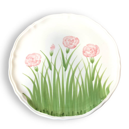 Hand-Painted Italian Ceramic Plate – Pink Carnations & Grass Design, Made in Italy