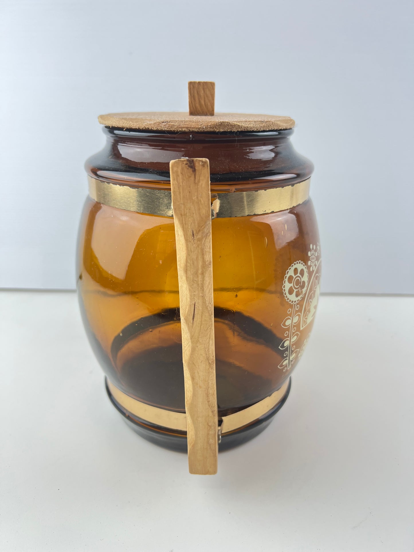 Amber Glass Biscuit Barrel with Timber Handles