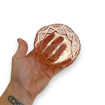 Pink Depression Glass Dish – Etched Cherry Motif Trinket Bowl